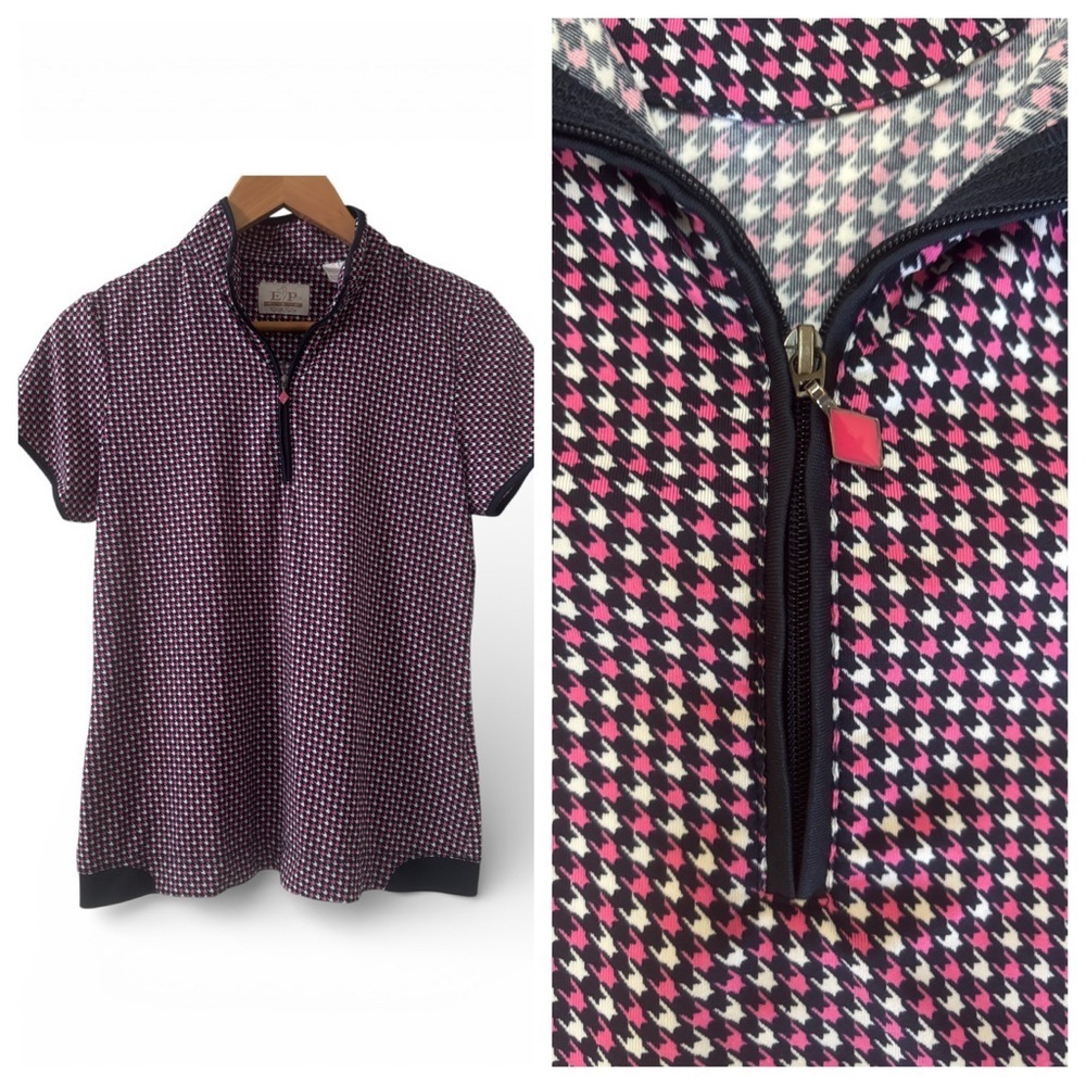 E/P Pro Tour Tech Houndstooth Zip-Neck Golf Top Pink Navy Size M